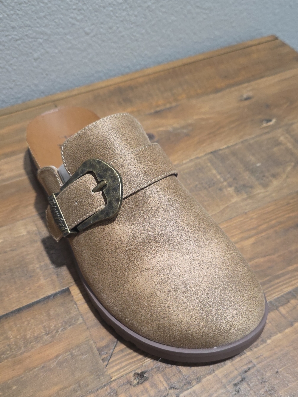 Women’s Tan Slip-On Mule with Decorative Buckle